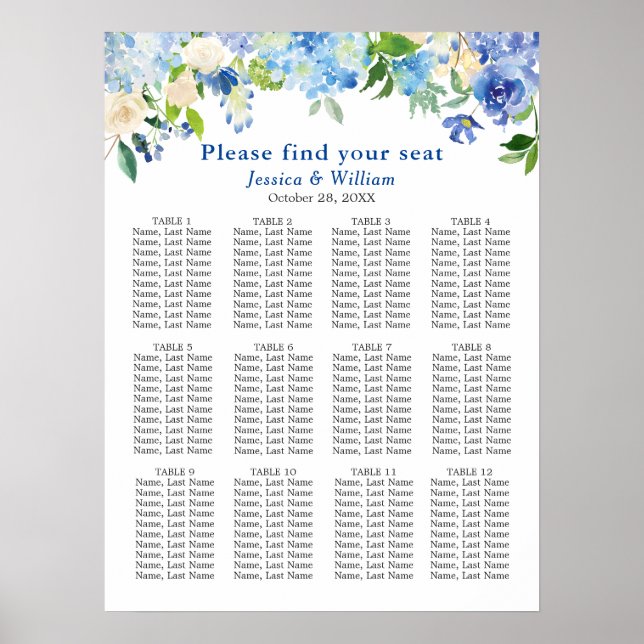 Poster Bleu Hydrangea 12 Tables Mariage CHART DE SIÈGE (Devant)