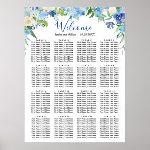 Poster Bleu Hydrangea 16 Tables Mariage CHART DE SIÈGE