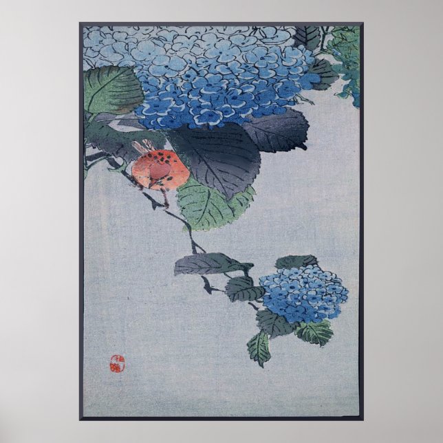 Poster Bleu Hydrangea Bois japonais avec Bird (Devant)
