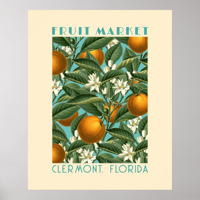 Poster Bleu Marché aux Fruits Orange Retro (Devant)