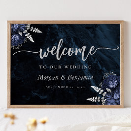 Poster Bleu marine floral mariage accueil argenté