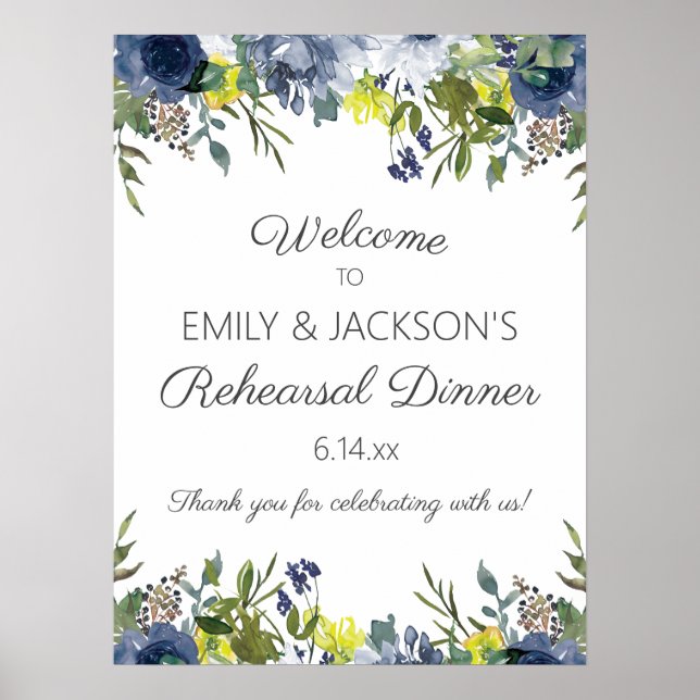 Poster Bleu marine Jaune Blanc Floral Répétition Bienvenu (Devant)