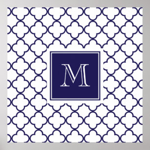 Poster Bleu marine, monogramme blanc de Quatrefoil grand