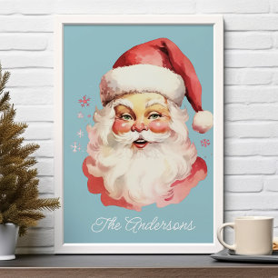 Poster Bleu Noël de Famille de Père Noël Rétro Vintage