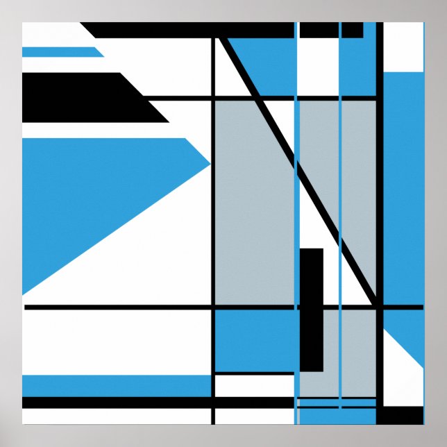 Poster Bleu noir gris sur blanc Abstrait aspect mosaïque (Devant)