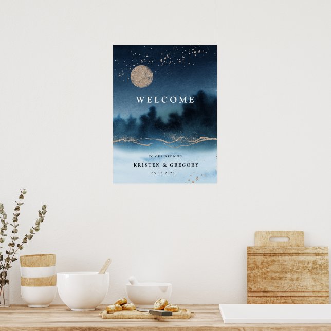 Poster Bleu Nuit Aquarelle Paysage Mariage Bienvenue (Cuisine)
