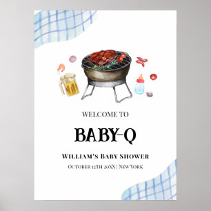 Poster Bleu Plaid Rétro Baby Q Baby shower Bienvenue