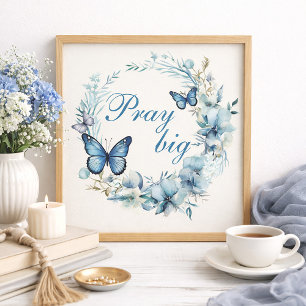 Poster Bleu Poussiéreux Blanc Floral Priez Grande Décorat