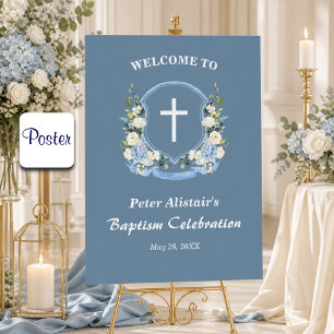 Poster Bleu Poussiéreux Croix Blanche Couronne Florale Ba