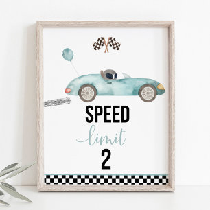Poster Bleu Race Voiture Limite de vitesse 2 Signal Anniv