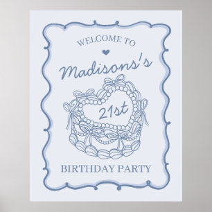 Poster Bleu Retro Coquette gâteau d'anniversaire Bienvenu