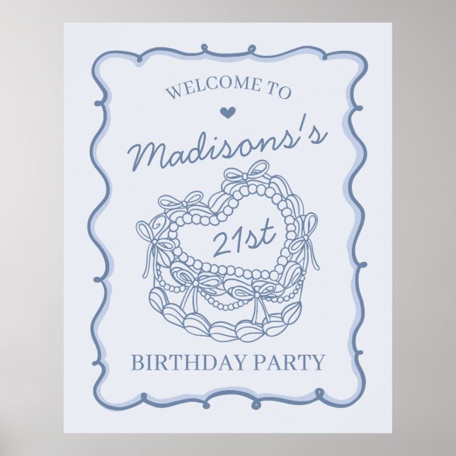 Poster Bleu Retro Coquette gâteau d'anniversaire Bienvenu (Devant)