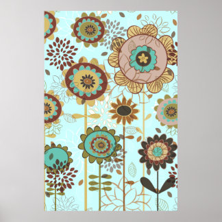Poster Bleu rétro, motif floral marron personnalisé