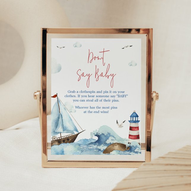 Poster Bleu rouge Baby shower nautique ne pas dire bébé (Ahoy It’s A Boy Baby Shower Don't Say Baby Sign)