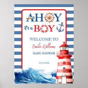 Poster Bleu Rouge Nautique Ohé Garçon Phare Baby Shower