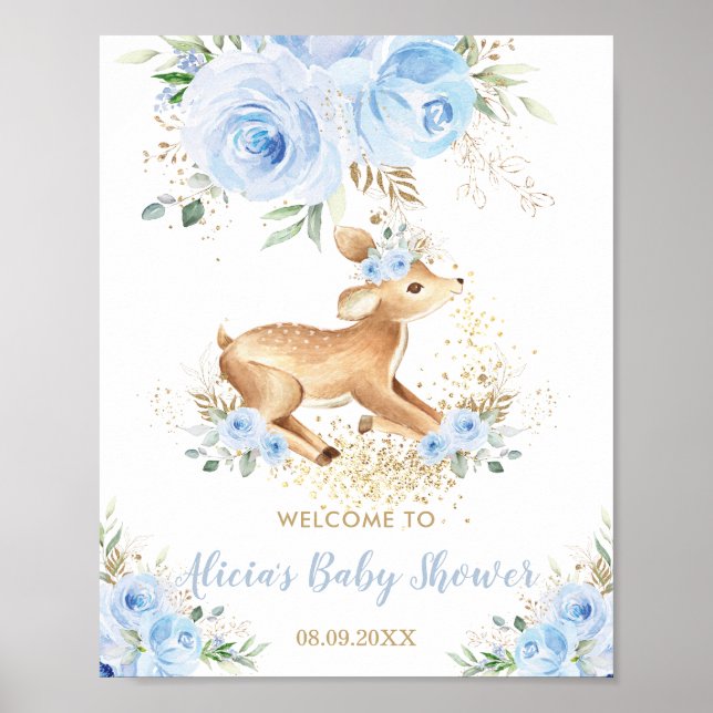 Poster Bleu sucré Floral Baby Deer Fawn Boy Baby shower (Devant)