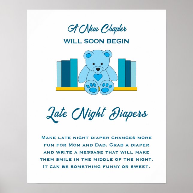 Poster Bleu Teddy Bear Baby shower Late Night Diapés (Devant)