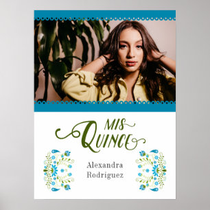 Poster Bleu traditionnel mexicain Floral Photo Quinceaner