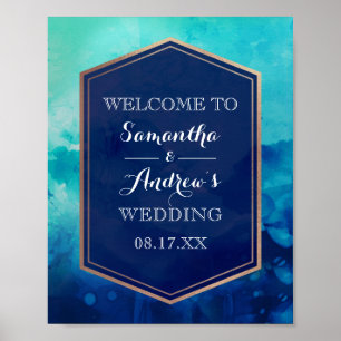 Poster Bleu Turquoise Gold Bordure Mariage d'aquarelle