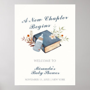 Poster Bleu Un nouveau chapitre Livre Baby shower bouteil