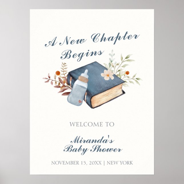 Poster Bleu Un nouveau chapitre Livre Baby shower bouteil (Devant)