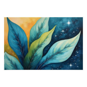 Poster Bleu Vert Feuille Golden Sun et étoiles