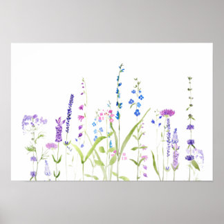 Poster bleu violet fleurs sauvages aquarelle peinture