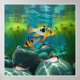 Poster Bleus allemand Cichlids Corydoras Aquarium Poisson