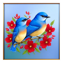 Bleus Colorés Perchés Parmi Les Fleurs Rouges