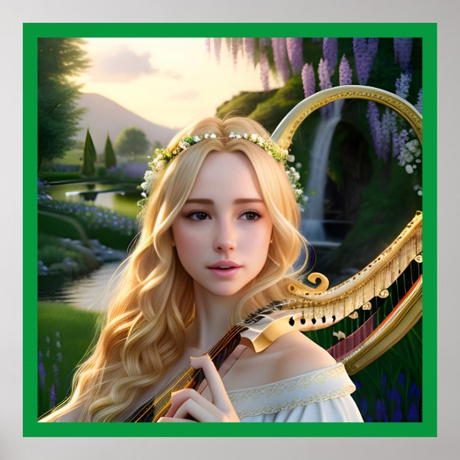 Poster Blonde belle Muse Jouer une harpe (Devant)
