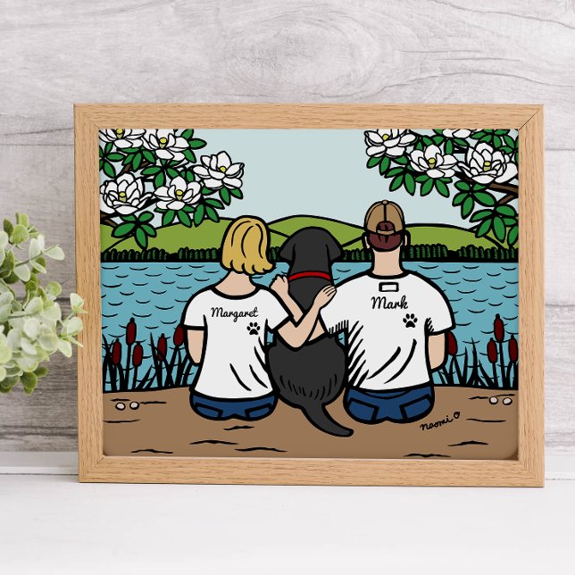 Poster Blonde de la famille Black Labrador personnalisée  (Personalized Family Portrait for Black Labrador Owners.  Black Lab and her/his Parents.)