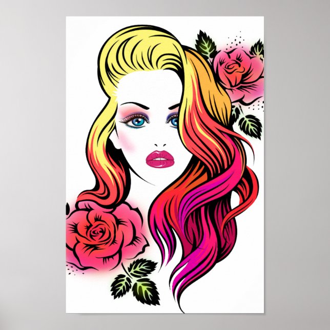 Poster Blonde femme yeux bleus avec roses et cheveux arc- (Devant)