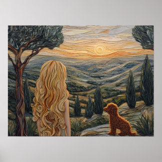 Poster Blonde fille, chien, marche, coucher de soleil, mo