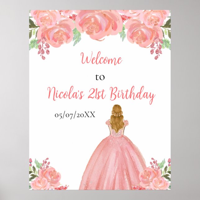 Poster Blonde Hair Princess Rose Floral Anniversaire Bien (Devant)