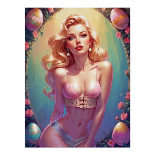 Poster Blonde Pinup Pink Sous-vêtements Oeufs de Pâques (Devant)