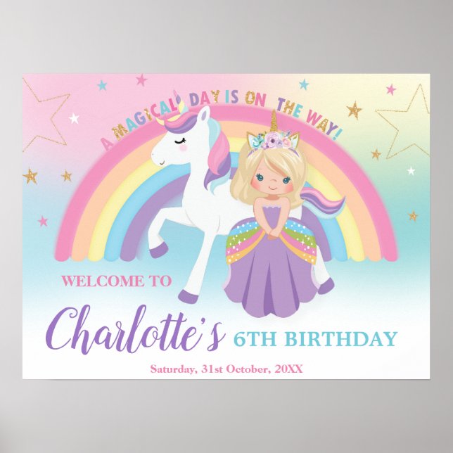 Poster Blonde Princess Unicorn Anniversaire Arc en ciel B (Devant)
