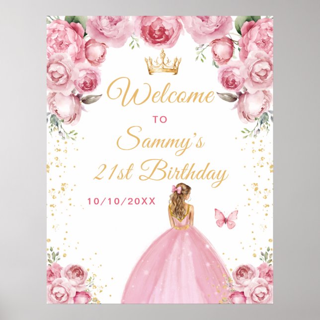 Poster Blonde rose pâle Cheveux Princesse Accueil Anniver (Devant)
