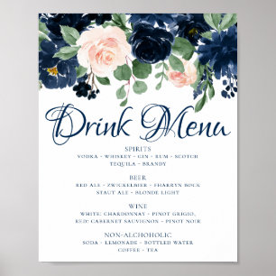 Poster Blooms Chics Menu de boissons bleu marine et ros