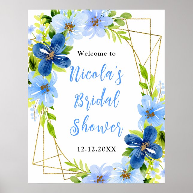 Poster Blue and Navy Flowers Bridal Shower Welcome (Devant)