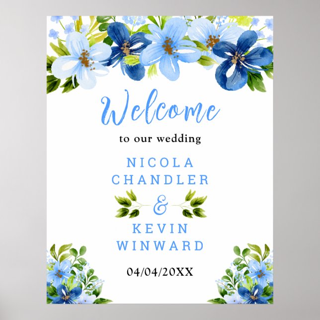Poster Blue and Navy Flowers Wedding Welcome Sign (Devant)