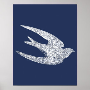 Poster Blue and White Flying Swallow