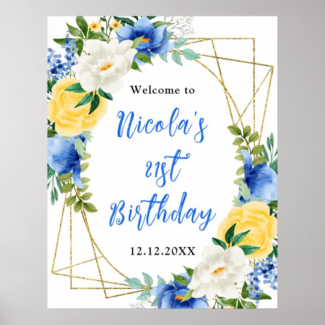 Poster Blue and Yellow Floral Birthday Welcome (Devant)