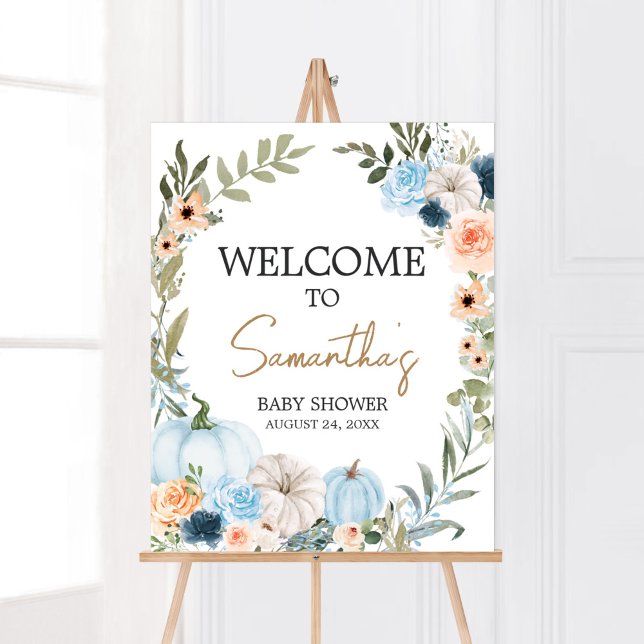 Poster Blue Autumn Flowers Citrouille Baby shower Bienven (Autumn Little Pumpkin Baby Shower Welcome Sign)