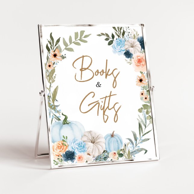 Poster Blue Autumn Flowers Livres et cadeaux Citrouilles (Autumn Little Pumpkin Baby Shower Books and Gifts Sign)