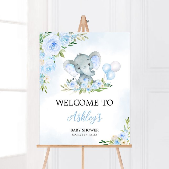 Poster Blue Balloon Floral Elephant Bienvenue (Boy Elephant Balloon Baby Shower Welcome Sign)