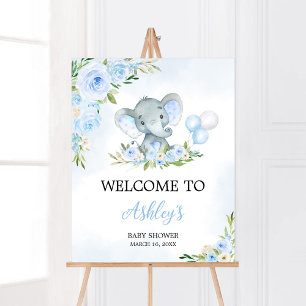 Poster Blue Balloon Floral Elephant Bienvenue