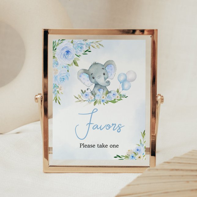 Poster Blue Balloon Floral Elephant Favore (Boy Elephant Balloon Baby Shower Favors Sign)