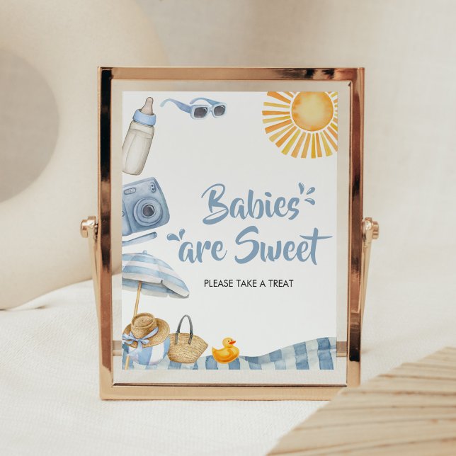 Poster Blue Beach Baby shower d'été Les bébés sont doux (Boy Splish Splash Baby Shower Babies are Sweet Sign)