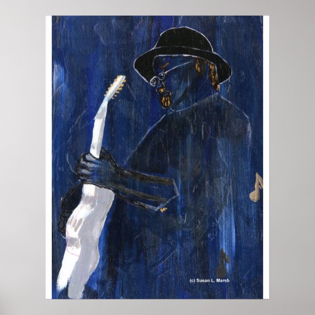 Poster Blue Blues Guitare lecteur peinture acrylique (Devant)