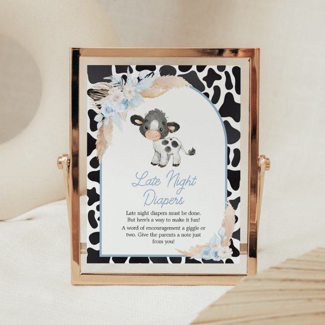 Poster Blue Boho Highland Cow Baby Late Night Diapers (Bohemian Floral Farm Baby Shower Late Night Diapers Sign)